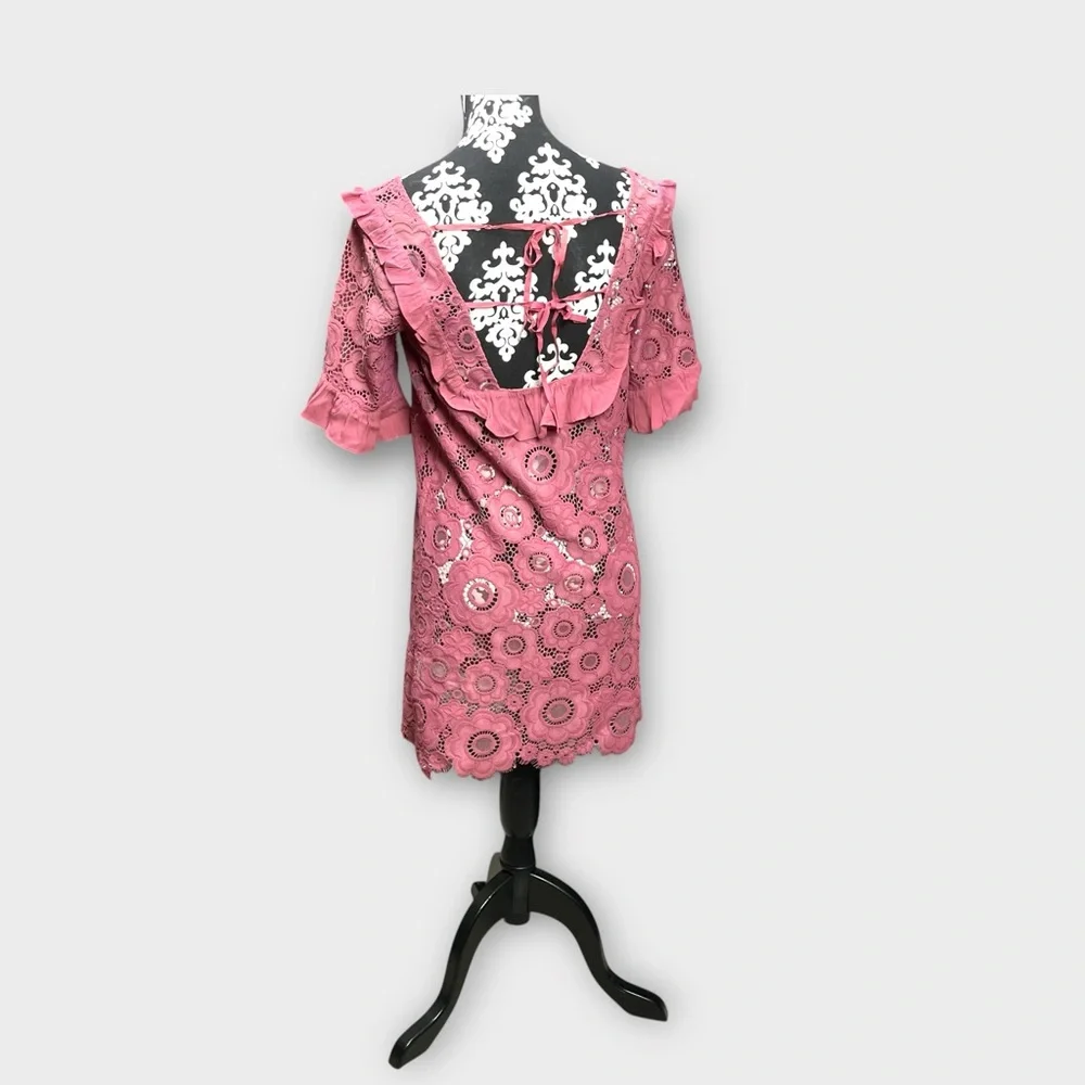 For Love & Lemons Sonya Lace Babydoll Mini Dress Floral Pink Size S Tie Back - Picture 3 of 13